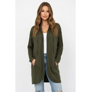 Cyrus Women's Khaki Green Long Blazer Cardigan M Open Front Hooded Duster VG
